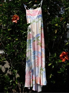Paper Heart Tropical Print Maxi Dress Pastel Palm Beach Tie Back Medium
